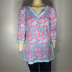 Gretchen Scott Pink Blue Print V Neck Cotton 3/4 Sleeve Tunic Size XS